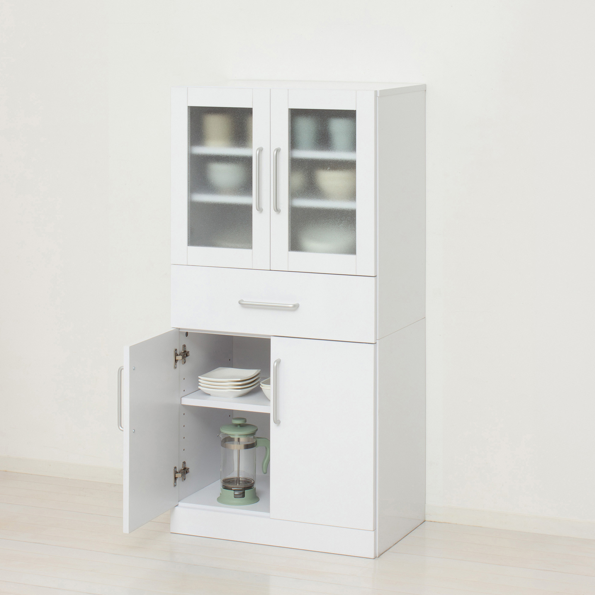 食器棚 ヌーヴォー 幅60 高さ120 ホワイト  キッチンラック 白 AKU1045058