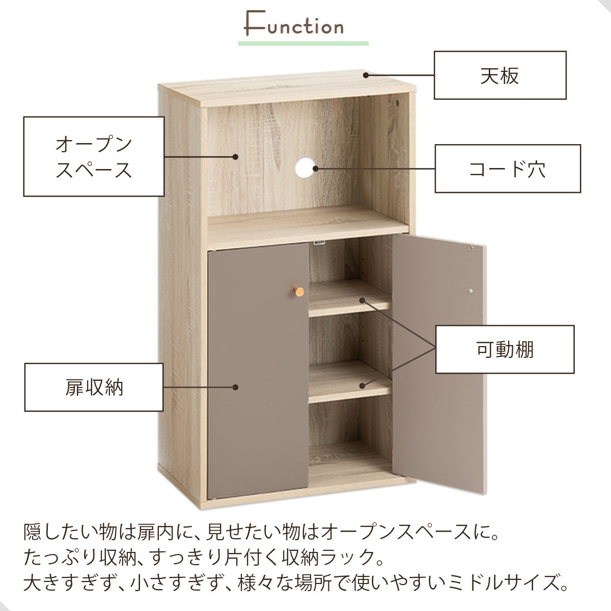 【完成品でお届け】扉付き収納ラック（グレー）食器棚 ロータイプ 扉付 一人暮らし 収納 トースター 炊飯器 小型レンジ ラック コンパクト キッチン収納棚 キッチンラック 約 幅50cm 奥行30cm 高さ90cm PUTUPUTU プトゥプトゥ LKANET300293-0-GY
