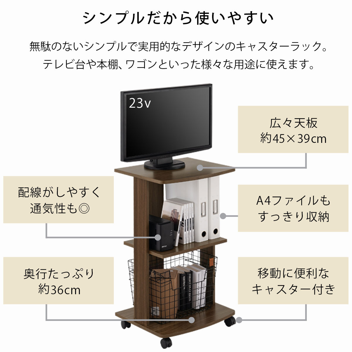 【完成品＋設置付き】[ 幅45cm ] キャスター付きテレビ台（オーク）テレビ台 ハイタイプ 収納 インテリア テレビボード プリンターワゴン 北欧 tv台 高さ76.5cm 幅45cm TKONVB018119-0-OAK