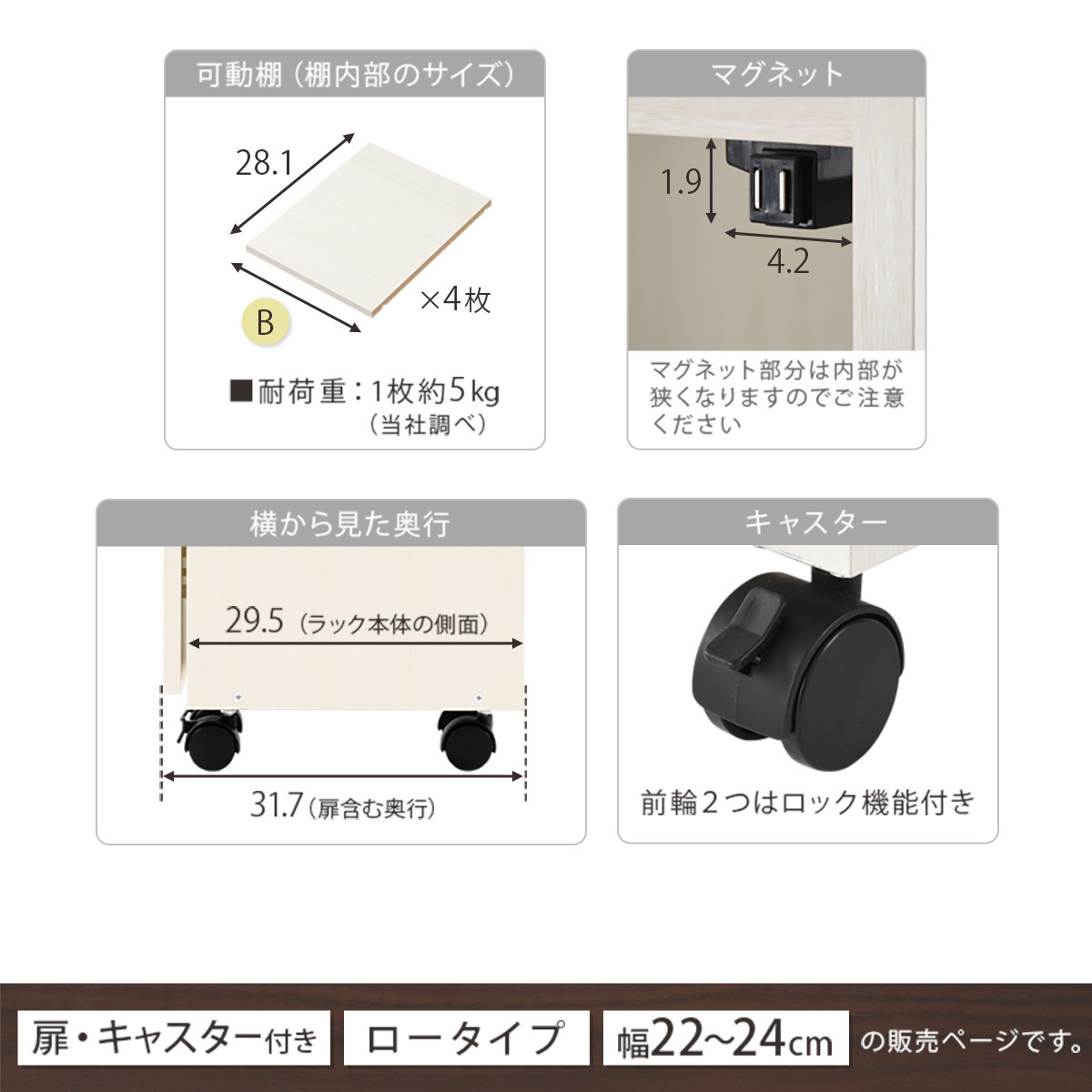 【完成品＋設置付き】オーダーすき間ラック〔幅22cm・キャスター・扉右開き・ロータイプ〕（ホワイトウッド）すき間ラック 収納棚 約 奥行32 高さ96 扉付き キャスター付き スリム ロータイプ AKONBE400107-22R-WWO