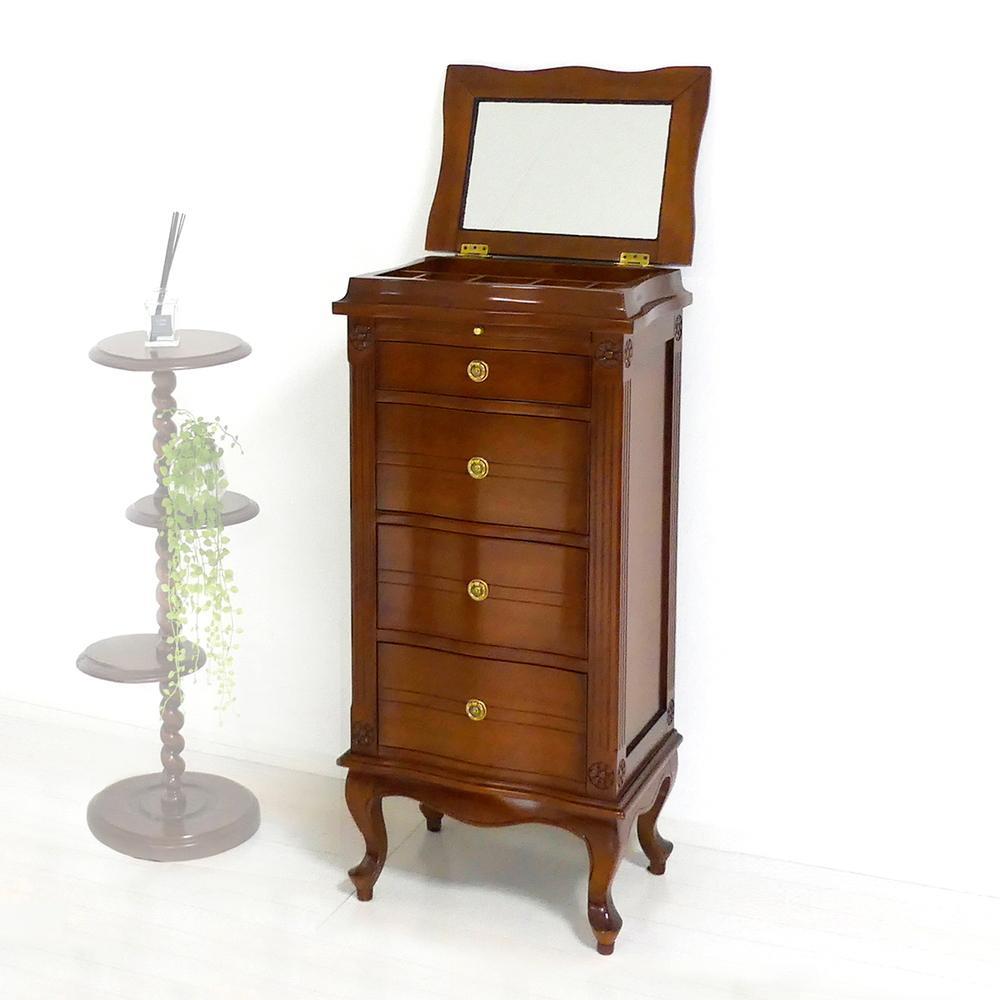 アンティーク ミラー付チェスト4段 約幅50cm×奥行38cm×高さ109cm 完成品 天然木 高級 マホガニー エレガント フェイスミラー 宝石 貴金属 ジュエリーケース アンティーク ミラー付チェスト4段  AKU1022489