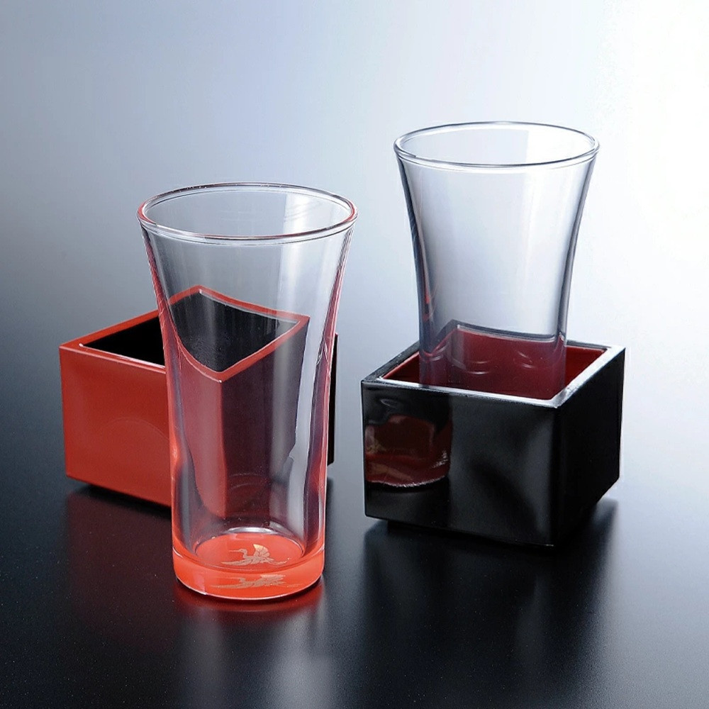 みよし漆器本舗 紀州塗り ぬりもん de Verre 一口グラス マスセット 赤 黒 ペアセット（鶴・亀） グラス：100ml／マス：90ml
