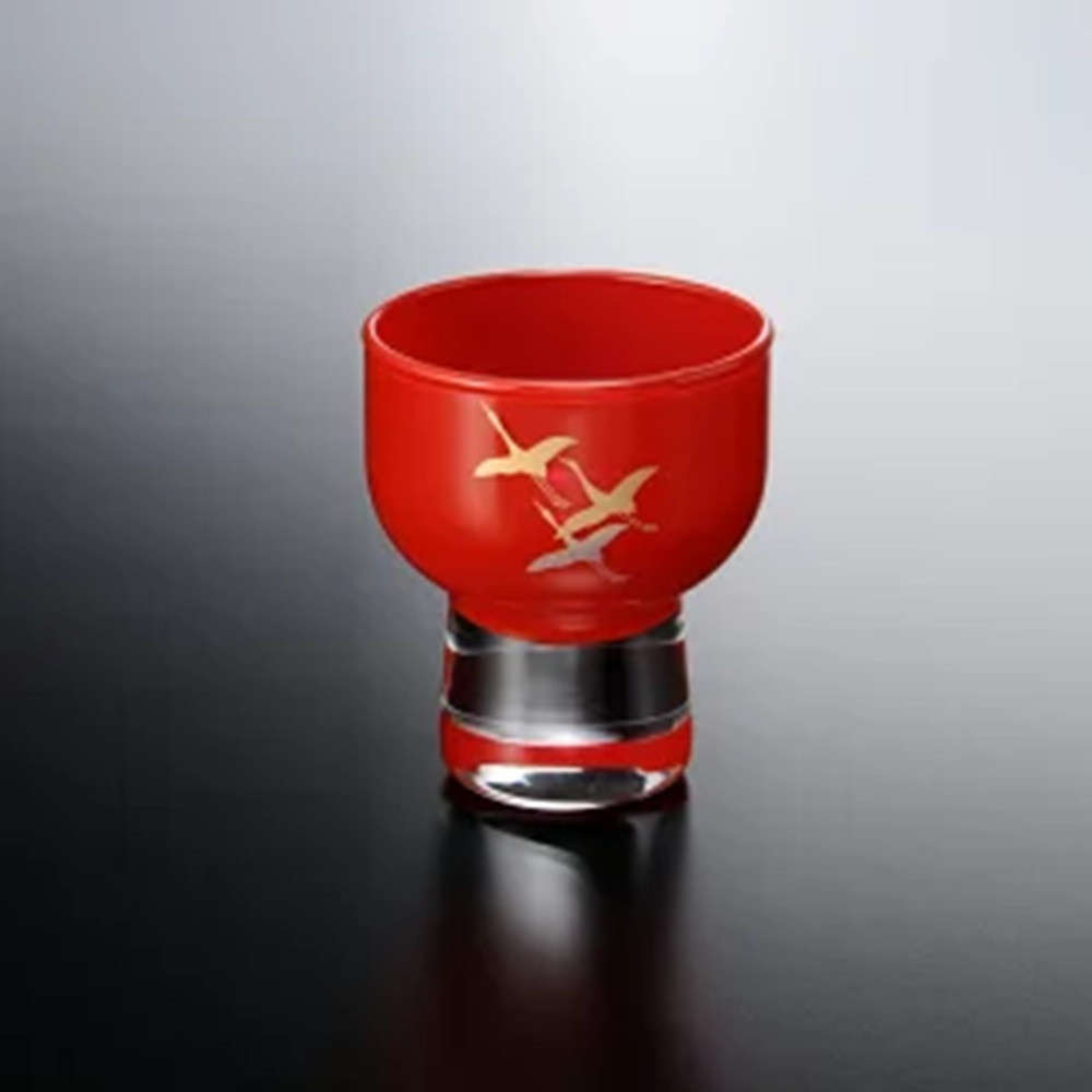 みよし漆器本舗 紀州塗り ぬりもん de Verre 盃 蒔絵 千羽鶴 赤 70ml