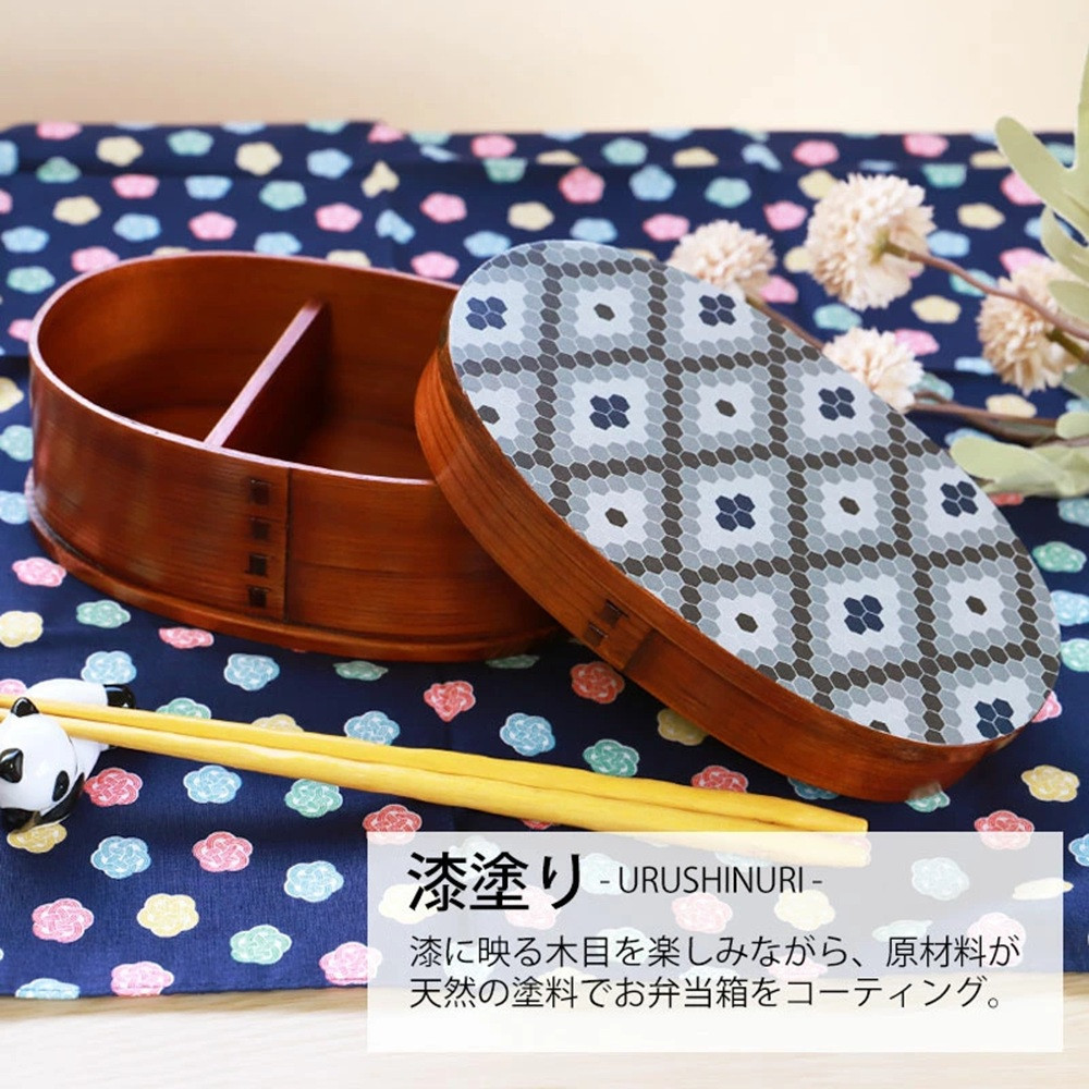 みよし漆器本舗 曲げわっぱ お弁当箱 600ml 約17.5×11.5×高さ6.5cm 小判型 弁当箱 一段 1段 北欧 レトロタイル 漆塗り