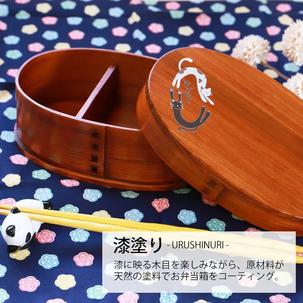 みよし漆器本舗 曲げわっぱ お弁当箱 600ml 約17.5×11.5×高さ6.5cm 小判型 一段 弁当箱 猫 まげねっこ 猫 漆塗り