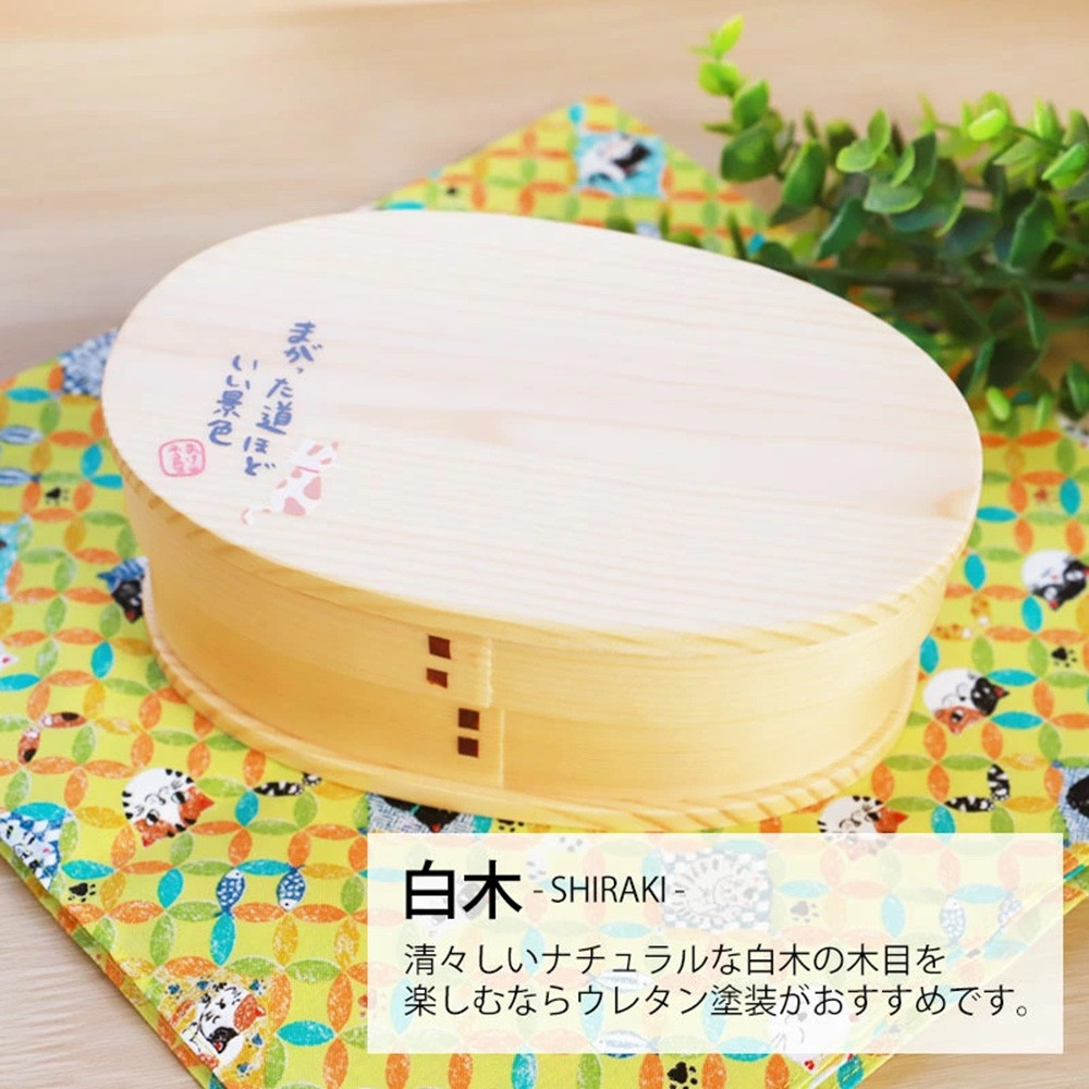 みよし漆器本舗 曲げわっぱ お弁当箱 600ml 約17.5×11.5×高さ6.5cm 小判型 弁当箱 一段 まげネコ先生 猫 白木