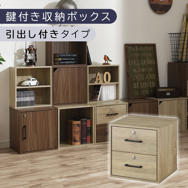 【完成品でお届け】鍵付き収納ボックス〔幅35cm・引出し付きタイプ〕（オーク）キューブボックス 扉付き 鍵付き カラーボックス 収納ボックス 引き出し a4 収納 おしゃれ 木製 ボックス 棚 扉付き収納ボックス レコード cd dvd 書類 本棚 引き出しラック 約 幅35cm キューブラック 本 漫画 ラック LKANET300208-3-OAK