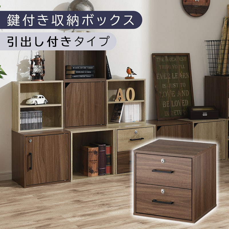 【完成品でお届け】鍵付き収納ボックス〔幅35cm・引出し付きタイプ〕（ウォールナット）キューブボックス 扉付き 鍵付き カラーボックス 収納ボックス 引き出し a4 収納 おしゃれ 木製 ボックス 棚 扉付き収納ボックス レコード cd dvd 書類 本棚 引き出しラック 約 幅35cm キューブラック 本 漫画 ラック LKANET300208-3-WAL