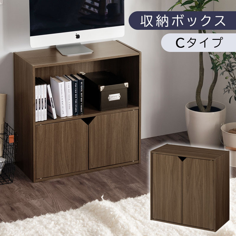 【完成品でお届け】収納ボックス〔Cタイプ〕（ウォールナット）収納棚 扉付き キャビネット ラック 棚 カラーボックス スリム 2段 可動棚 本棚 収納家具 リビング LKANET300248-C-WAL