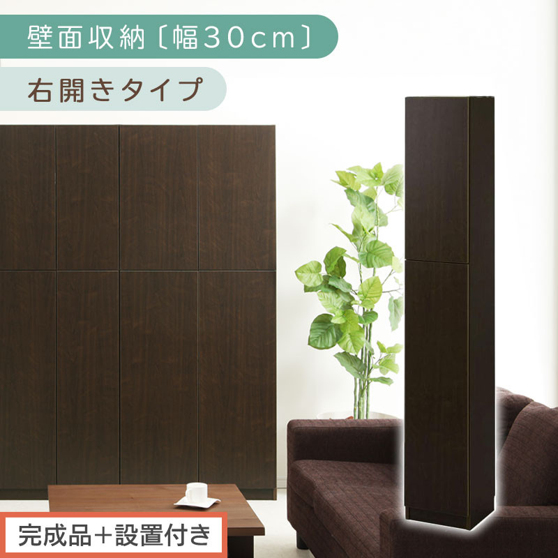 【完成品＋設置付き】壁面収納〔幅30cm・本体・右開きタイプ〕（ダークブラウン）壁面収納 本棚 扉付き 収納 棚 cdラック dvdラック 収納棚 リビング オフィス 扉付き収納 整理棚 書棚 おしゃれ LKONCB310300-R-DBR