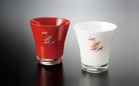 漆器 ガラス タンブラーグラス 蒔絵千羽鶴 ペア 赤 白
