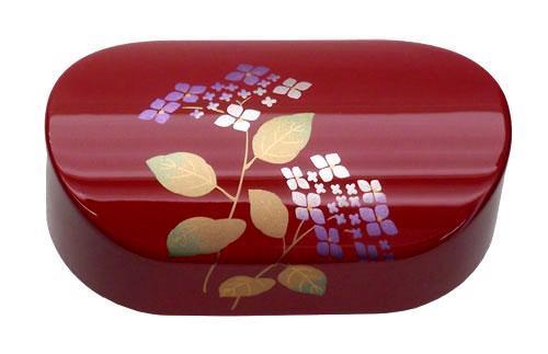 紀州漆器 文鎮 ペーパーウェイト 小判型 朱 あじさい