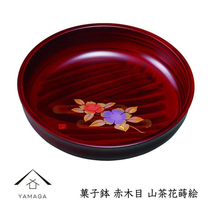 菓子鉢 赤木目 山茶花蒔絵