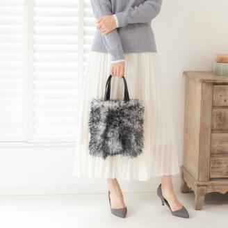 【0885-1】くるくる可愛い！チベットラム手提げバッグ　グレー×ブラック