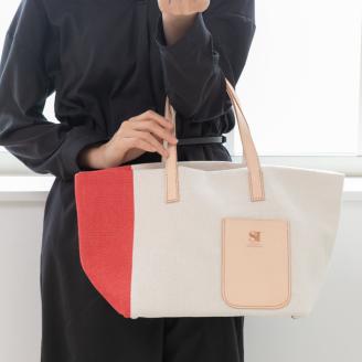 【0868】斬新なバイカラーが新鮮！　帆布ハンディートート　レッド