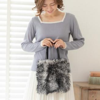 【0885-1】くるくる可愛い！チベットラム手提げバッグ　グレー×ブラック