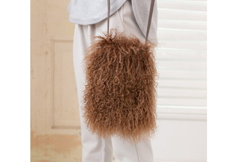 【0414-2】くるくる可愛い チベットラム毛皮ポシェット ブラウン