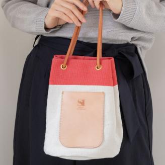 【0908-1】斬新なバイカラーが新鮮！　帆布巾着トート　レッド