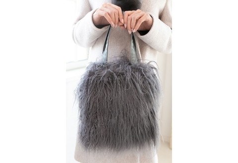 【0241-2】くるくるチベットラム毛皮手提げバッグ グレー