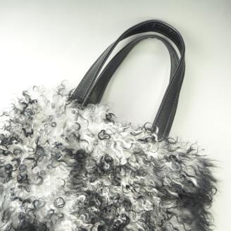 【0885-1】くるくる可愛い！チベットラム手提げバッグ　グレー×ブラック