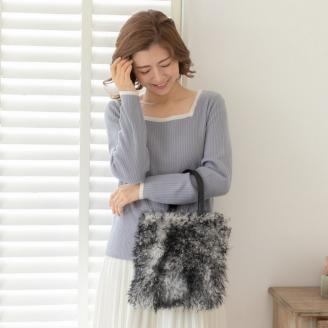 【0885-1】くるくる可愛い！チベットラム手提げバッグ　グレー×ブラック