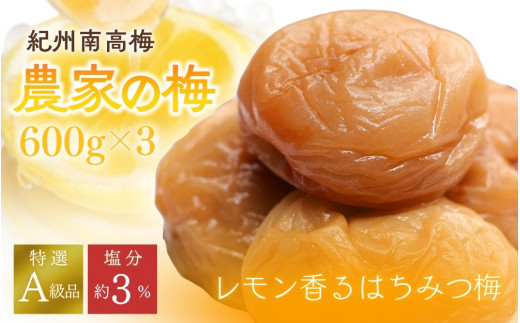 紀州南高梅「農家の梅」はちみつ梅（塩分約3％）500g×３　※レモンパウダー入り  / 紀州南高梅 南高梅 梅干し 梅干 梅 うめ 和歌山 田辺市 肉厚 お米 おにぎり 焼酎 梅酒 健康 はちみつ梅 塩分約3％ 塩分控えめ レモン【nkn802-2】