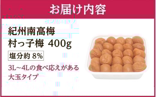 紀州南高梅　村っ子梅（塩分約8％）400g×1 はちみつ梅干し / 和歌山 梅干し 田辺市 紀州南高梅 南高梅 梅干 梅 うめ 肉厚 お米 おにぎり 焼酎 梅酒 健康 はちみつ入り 減塩 塩分控えめ ご飯のお供【fuz029】