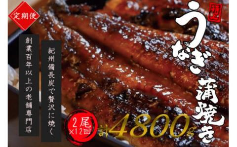 【全12回定期便】極上！国産うなぎ蒲焼 2尾×12回 計24尾 約4800g 創業100年以上続く老舗 紀州備長炭でじっくり焼き上げた専門店の味 （タレ・山椒付き）/ うなぎ ウナギ 鰻 蒲焼 国産【tkb320】