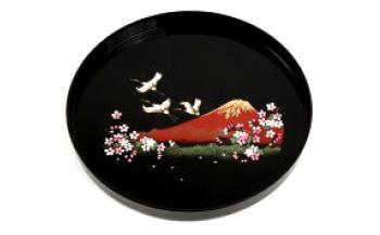 紀州漆器 尺 丸盆 富士に桜 ［YS13］