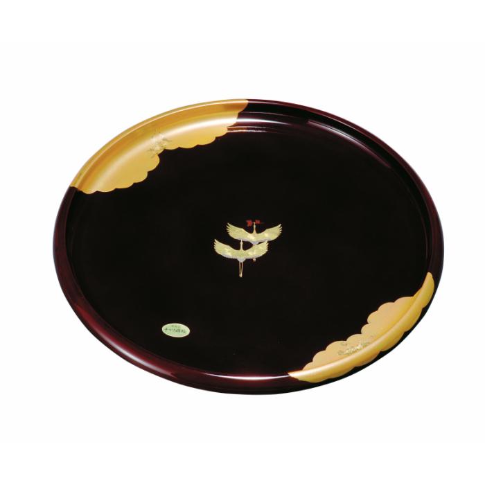 紀州塗り 丸盆 金雲昇鶴 溜塗り 24cm