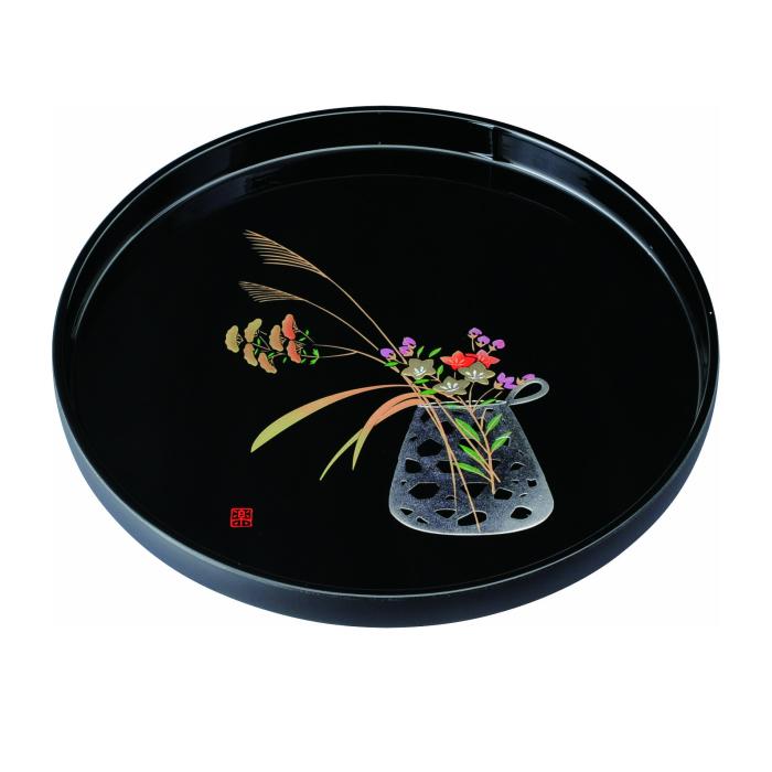 丸盆 30cm 黒 盛絵花かご