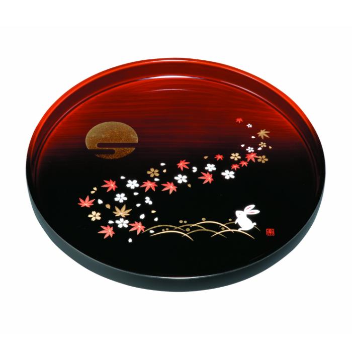 丸盆 30cm 杢漆分け 春秋月うさぎ