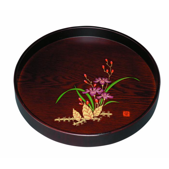 木製丸盆 深型 黒檀杢 山路（金蒔絵・盛絵）