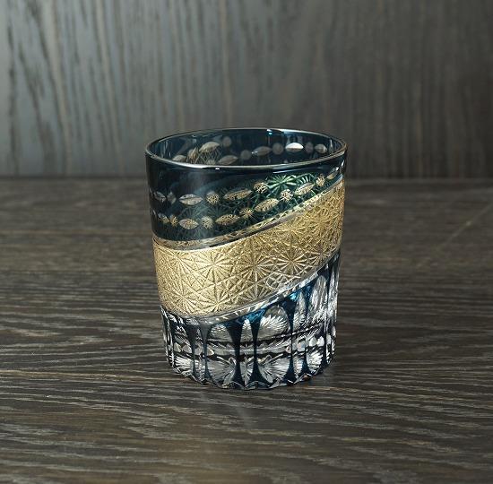 金帯切子グラス（漆技） ダークブルー
