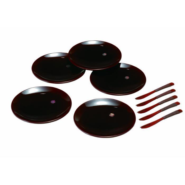 4.5寸 銘々皿 総溜 明月 (5枚組・フォーク付き)【YG126】