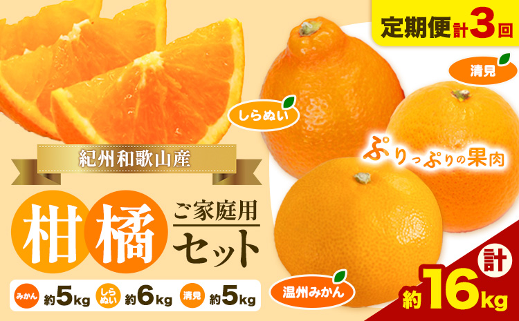 【発送月固定定期便】紀州 和歌山産 旬の ご家庭用 柑橘 セット (みかん 不知火 清見)【全３回】約16kg 魚鶴商店《1月上旬-3月末頃出荷予定(土日祝除く)》 和歌山県 日高町 みかん 不知火 清見 オレンジ 柑橘 蜜柑 果物 フルーツ 訳あり ギフト 送料無料 定期便---wsh_uotteik7_25_36000_mo3num1---