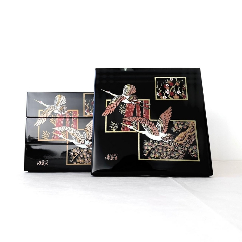 三段重箱 黒内朱 吉兆鶴 お重 紀州漆器 重箱 おせち おせち料理 お正月 年末年始 運動会 3段 【YG4】【yma301】