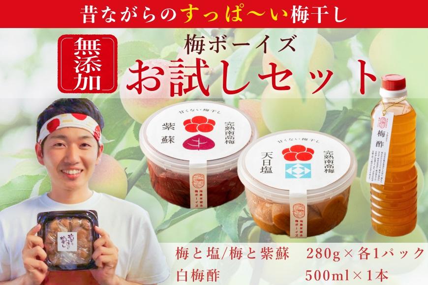 【お試し・無添加梅干し】梅干し（天日塩漬け、紫蘇漬け 各280g×1パック）、白梅酢1本セット ／ 南高梅　umehkr008A