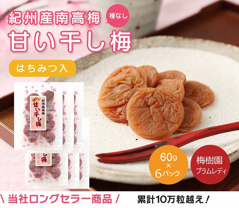 種なし干し梅60g×6袋(はちみつ入) 紀州南高梅 和歌山県産baijuen003B