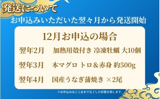 【3ヶ月定期便】海の幸定期便 【人気の国産うなぎ・牡蠣・本マグロを3回お届け】 / 海鮮 鰻 ウナギ 牡蠣 カキ まぐろ 鮪 人気 豪華 贈答 贈り物 ご褒美 お祝い ギフト プレゼント 【tkb607】