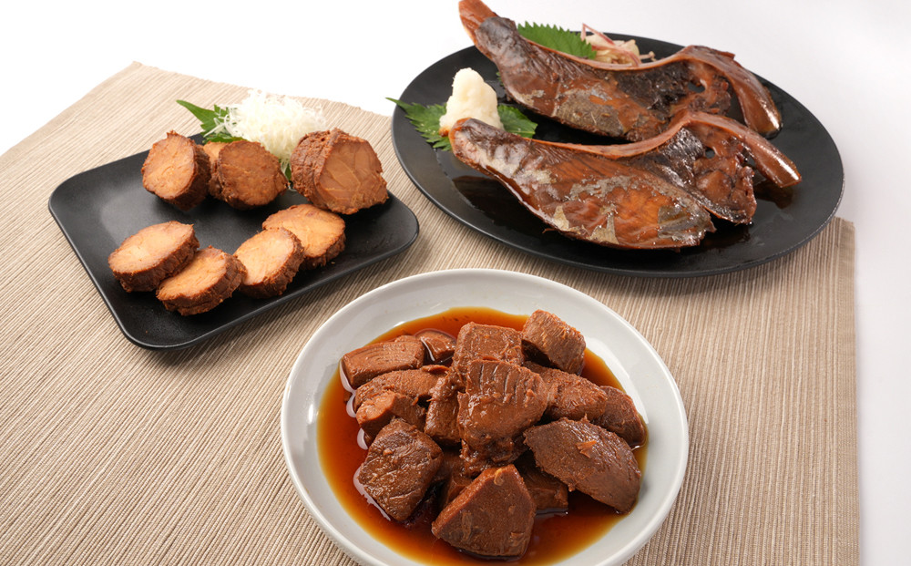 まぐろ煮カマ 1袋（2切）／ まぐろとろ煮 180g×2袋 ／ まぐろチャーシュー 170g