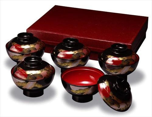 吸物椀 黒内朱 日の出松 5客入 ［YG482］