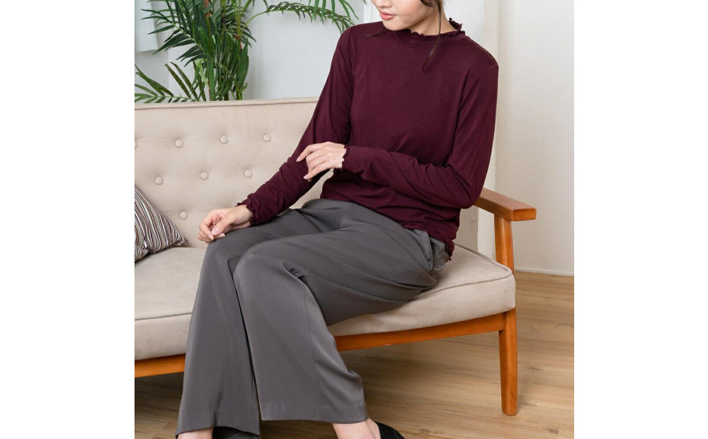 レディースハイネックカットソー 長袖 ボルドー L