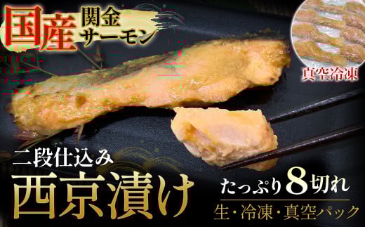 【真空冷凍】 関金サーモン 切り身 二段仕込み西京漬け 480g（60g×8切れ） マス トラウトサーモン 鮭 さけ シャケ 国産鮭 西京漬け鮭 鮭切身 サーモン 国産サーモン サーモン切身 養殖サーモン 真空冷凍