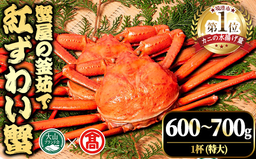 ＜土日祝着※指定日不可＞＜2025年11月～2026年6月下旬発送予定＞蟹屋の釜茹で紅ずわい蟹(600～700g・1杯(特大))【T-DT2-B】【大山ブランド会】
