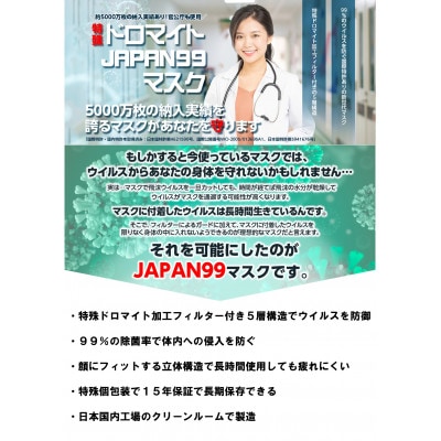 【日本製】ジャパン99 5層構造 特許取得 ドロマイト加工フィルター マスク 個包装 20枚入×3箱