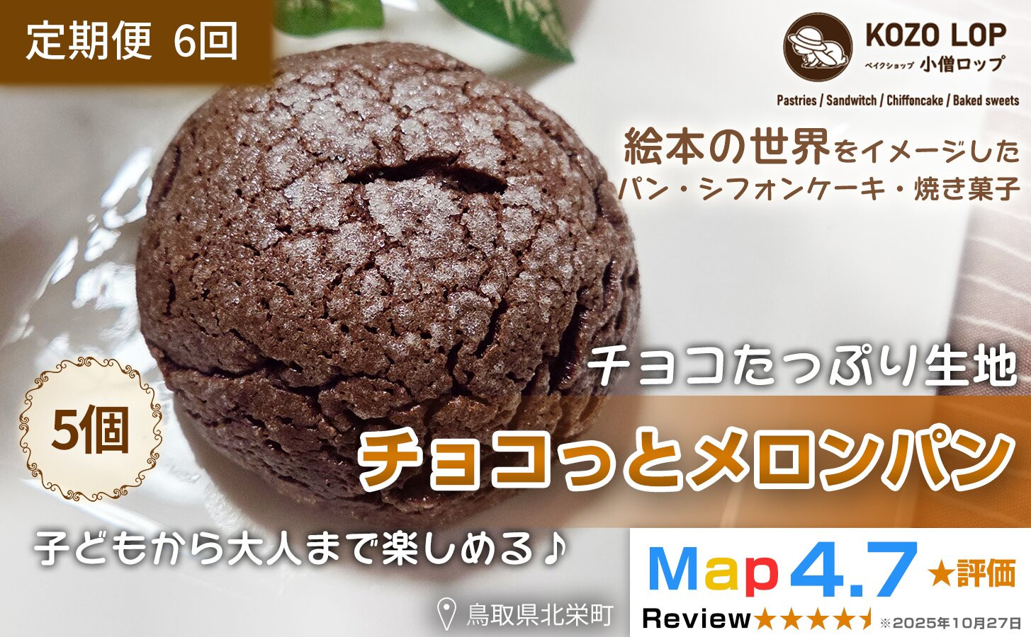 1173.【定期便6ヶ月】鳥取県産 チョコたっぷり生地 チョコっとメロンパン 5個×6回