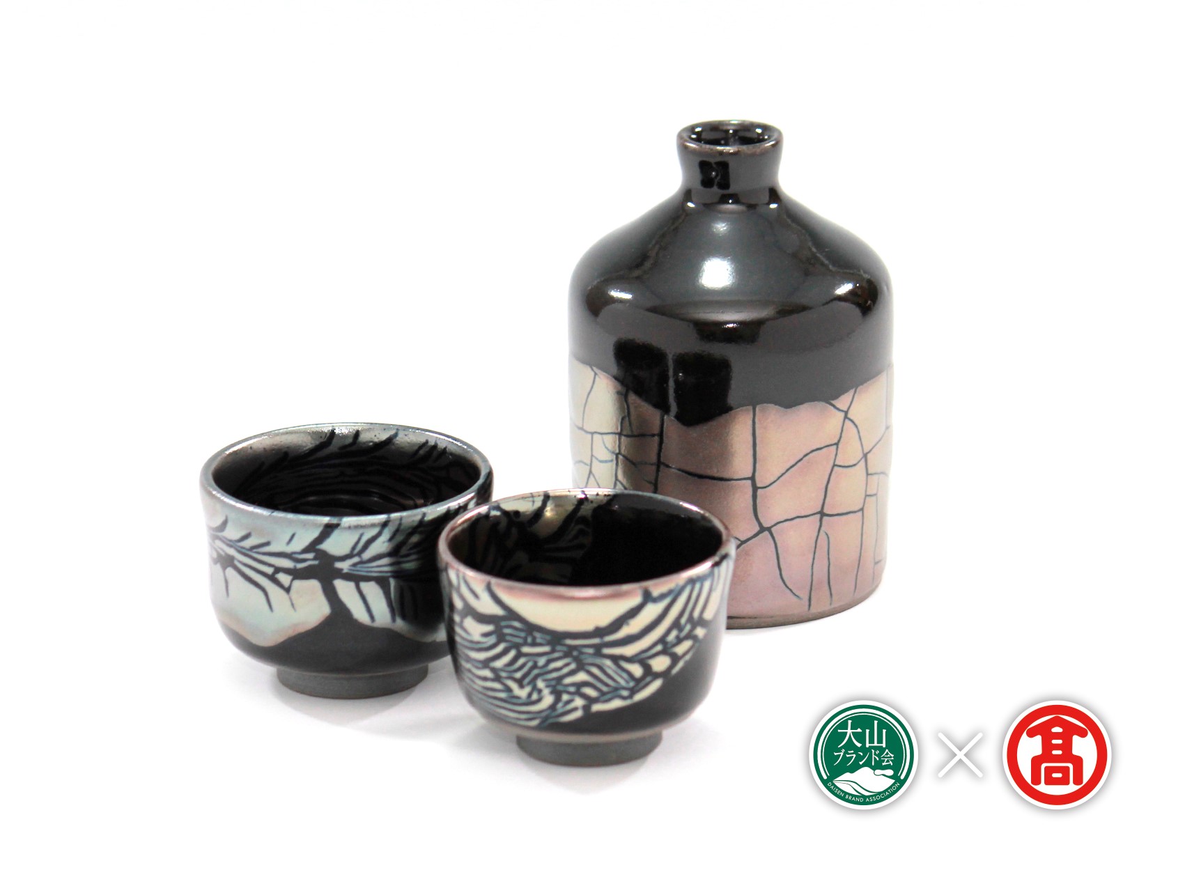 BB6＜大山焼久古窯＞玉鋼燿酒器セット(徳利、ぐい吞2)（大山ブランド会）