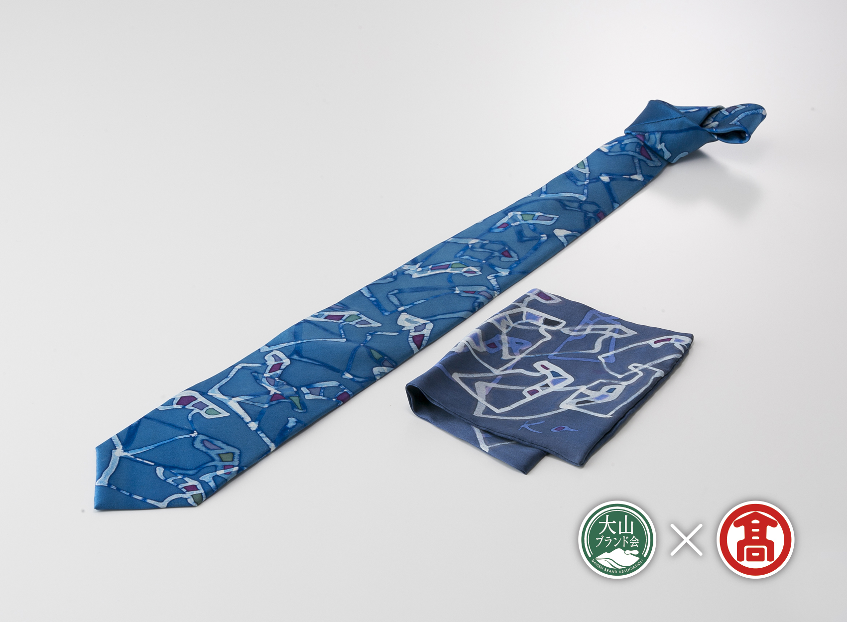 ＜手描染アトリエカワハラ＞大山友禅染　シルクネクタイ＆チーフ（大山ブランド会）