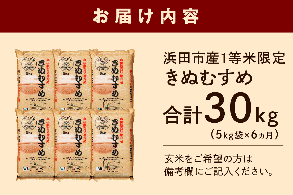 【令和7年産】【定期便】浜田市産きぬむすめ30kg（5kg×6回コース）お米 お取り寄せ 特産 精米 白米 ごはん ご飯 コメ 30kg 30キロ 【197_1956】